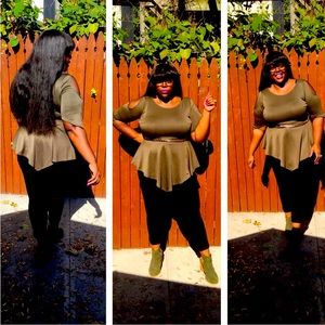 Olive green peplum short sleeve shirt with exposed shoulder w/gold rope belt